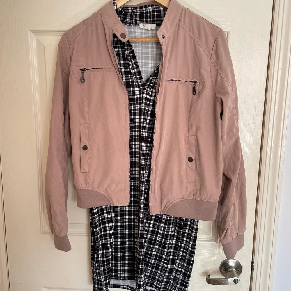 Womens Pink Bomber Jacket - Lightweight Casual Coat and black dress